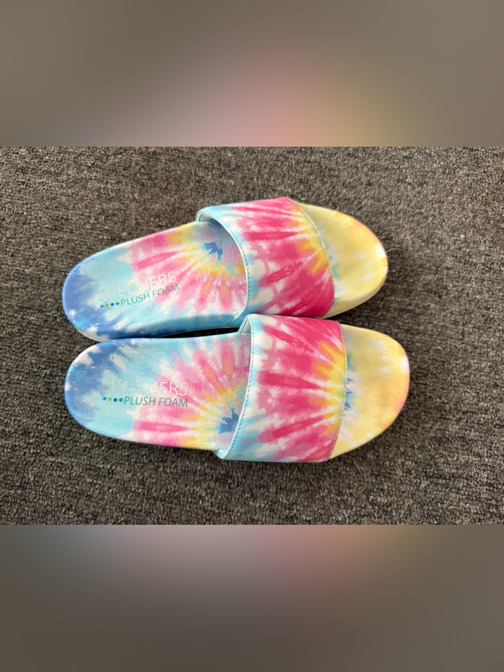 Skechers Tie-Dye Plush Foam Slide Sandals - Pink Blue Yellow